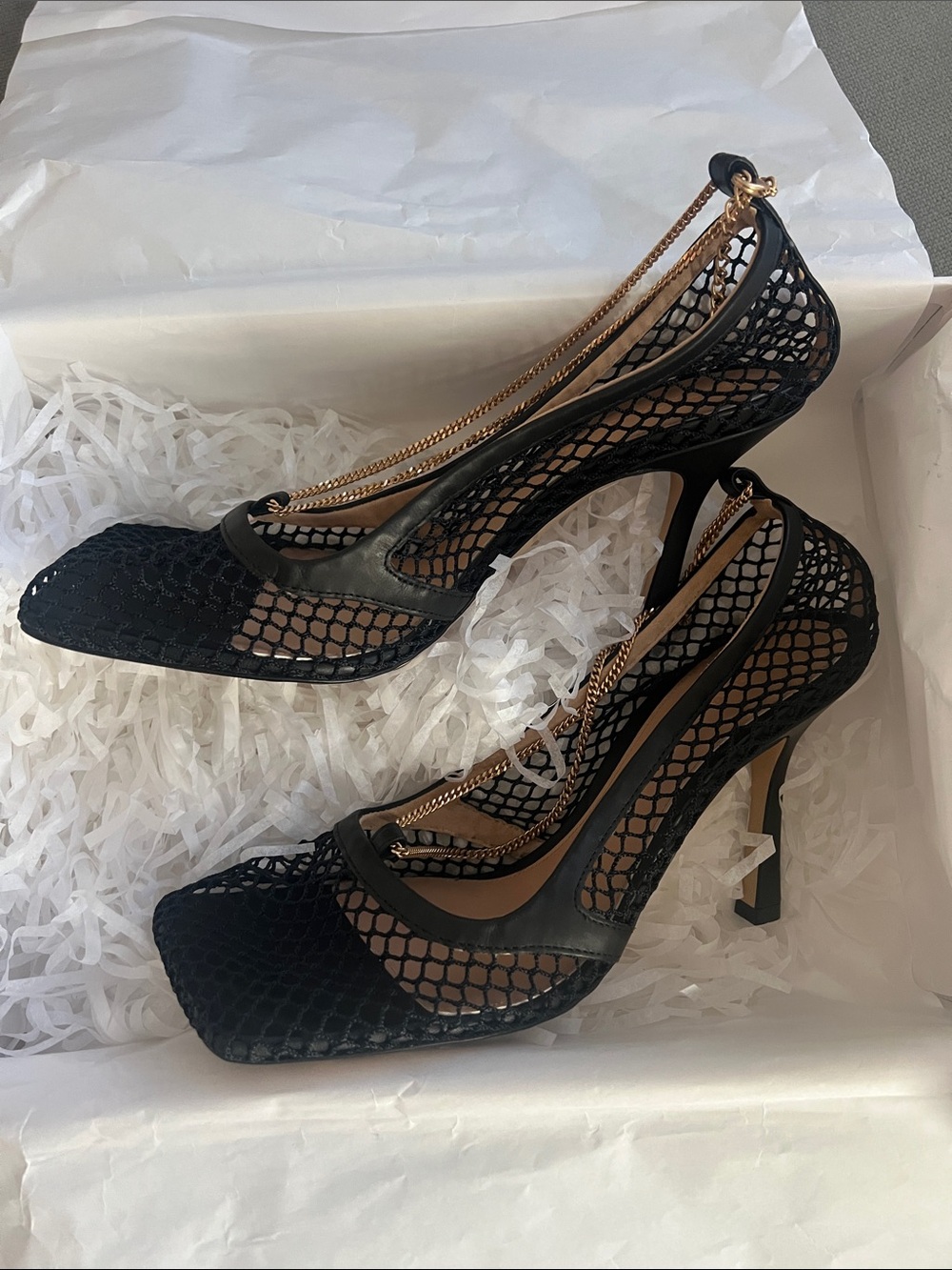 Bottega Veneta Stretch Black Mesh Chain-Accent High Heel Pumps
